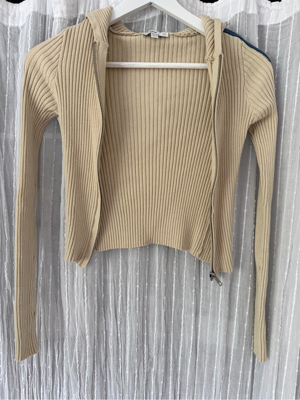 Ribbed Hooded Zip Cardigan in Beige - Women's Sweater